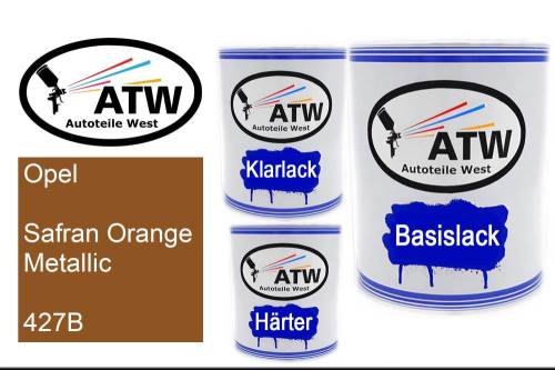 Opel, Safran Orange Metallic, 427B: 1L Lackdose + 1L Klarlack + 500ml Härter - Set, von ATW Autoteile West.